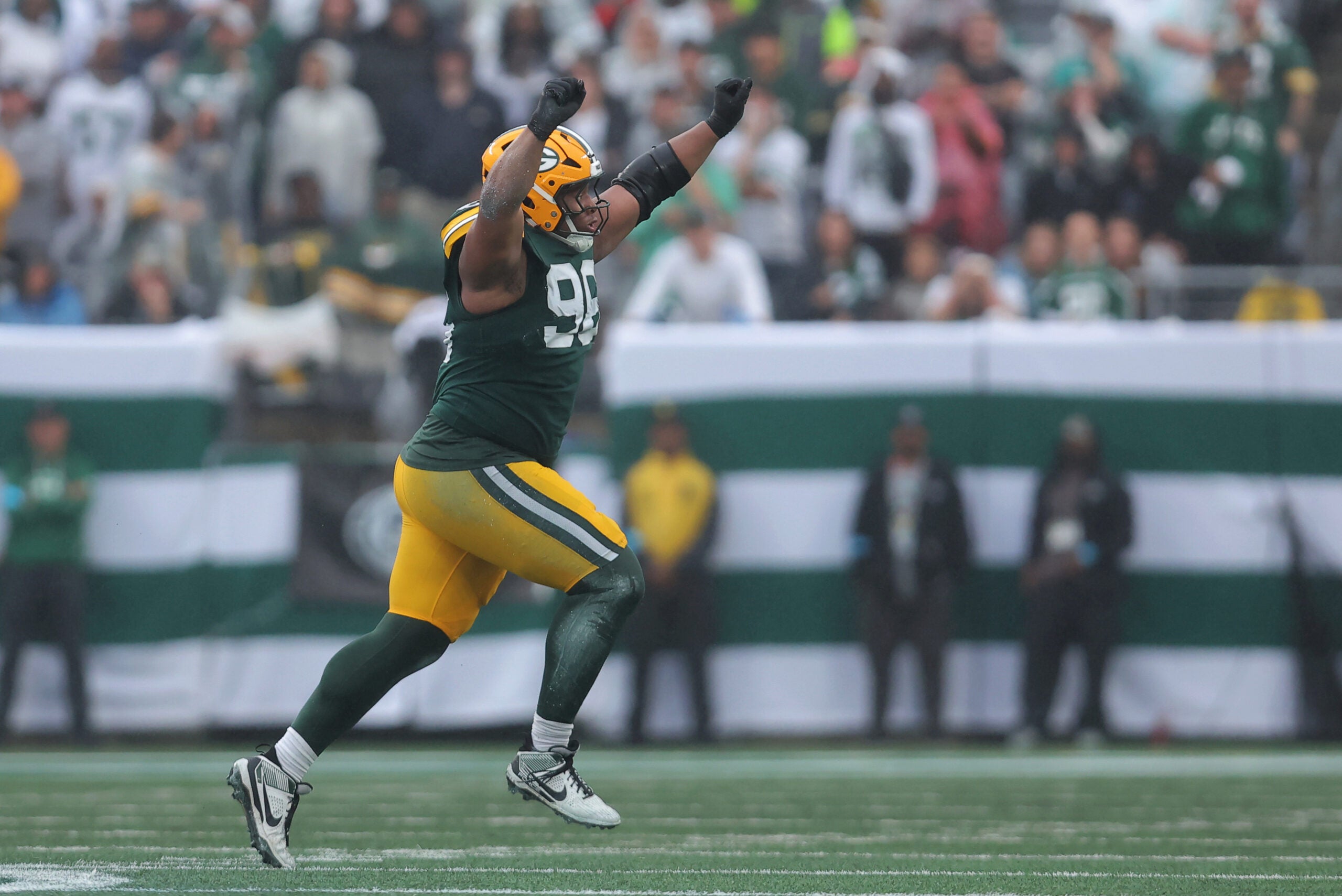 Sep 20, 2026; East Rutherford, New Jersey, USA; (Editors Notes: Caption Correction) Green Bay Packers defensive tackle Jonathan Ford (96) celebrates a defensive stop against the New York Jets during the fourth quarter at MetLife Stadium.