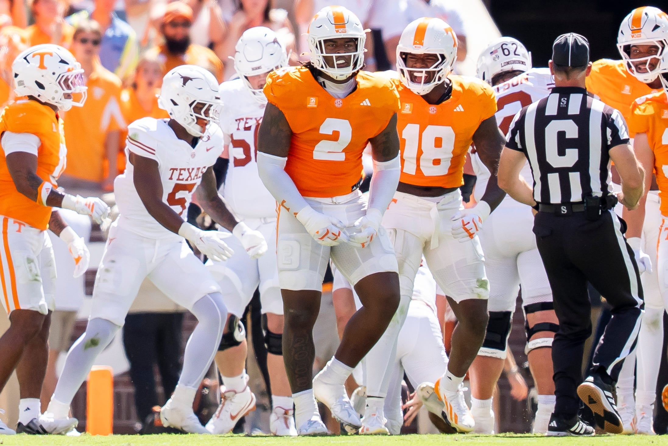 Sep 26, 2026; Knoxville, Tennessee, USA; Tennessee defensive lineman Xavier Gilliam (2) celebrates after a play during a college football game between Tennessee and Texas at Neyland Stadium in Knoxville, Tenn. on Sept. 26, 2026.