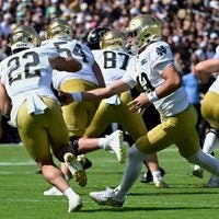 Sep 26, 2026; West Lafayette, Indiana, USA; Notre Dame Fighting Irish quarterback CJ Carr (13) hands the ball off to running back Aneyas Williams (22) in the first quarter against the Purdue Boilermakers at Ross-Ade Stadium.