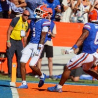 Florida wide receiver Vernell Brown III (1) celebrates a run during the first half an NCAA football game against Mississippi at Steve Spurrier Field at Ben Hill Griffin Stadium in Gainesville, FL on Saturday, September 26, 2026.