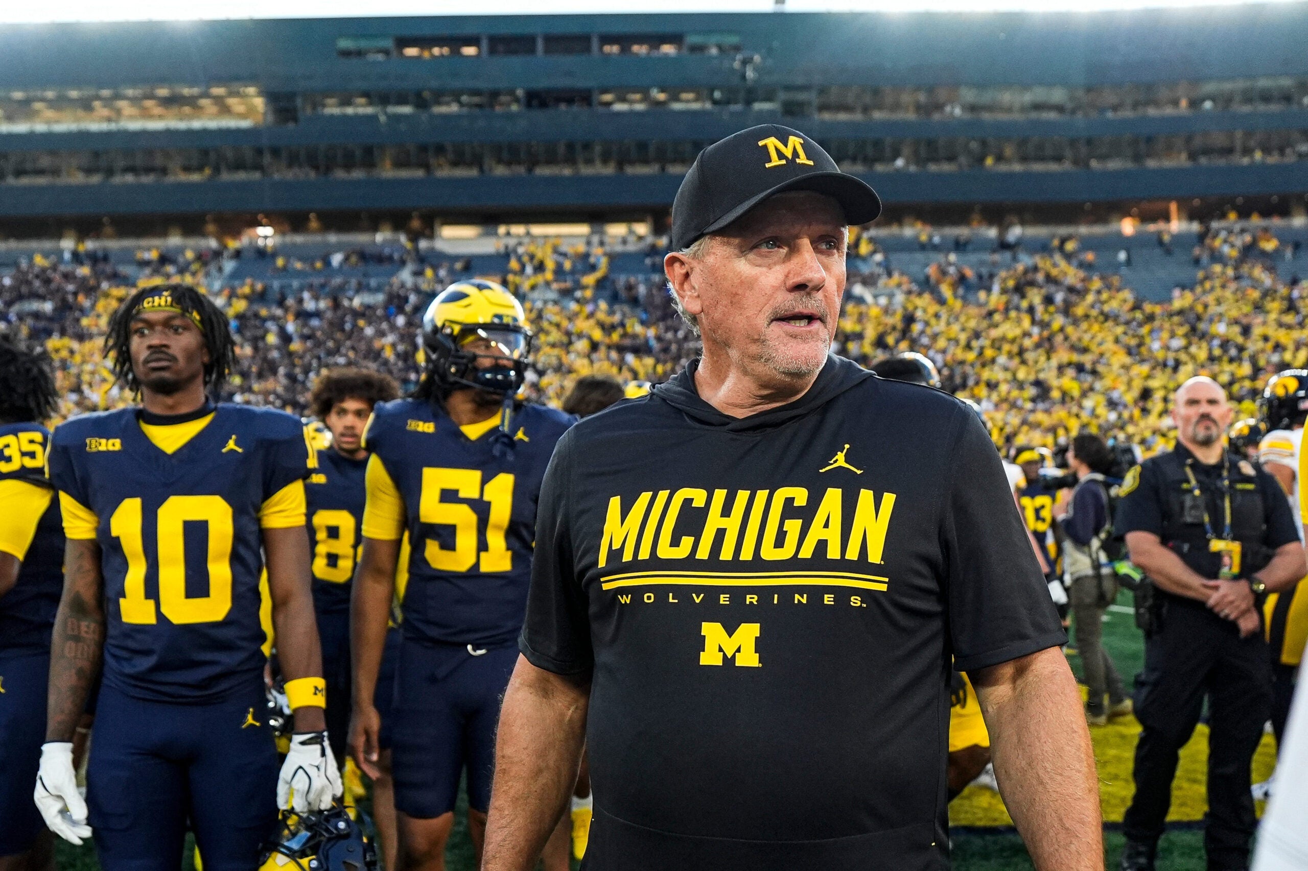 Michigan head coach Kyle Whittingham reacts to 20-19 loss to Iowa at Michigan Stadium in Ann Arbor on Saturday, Sept. 26, 2026.