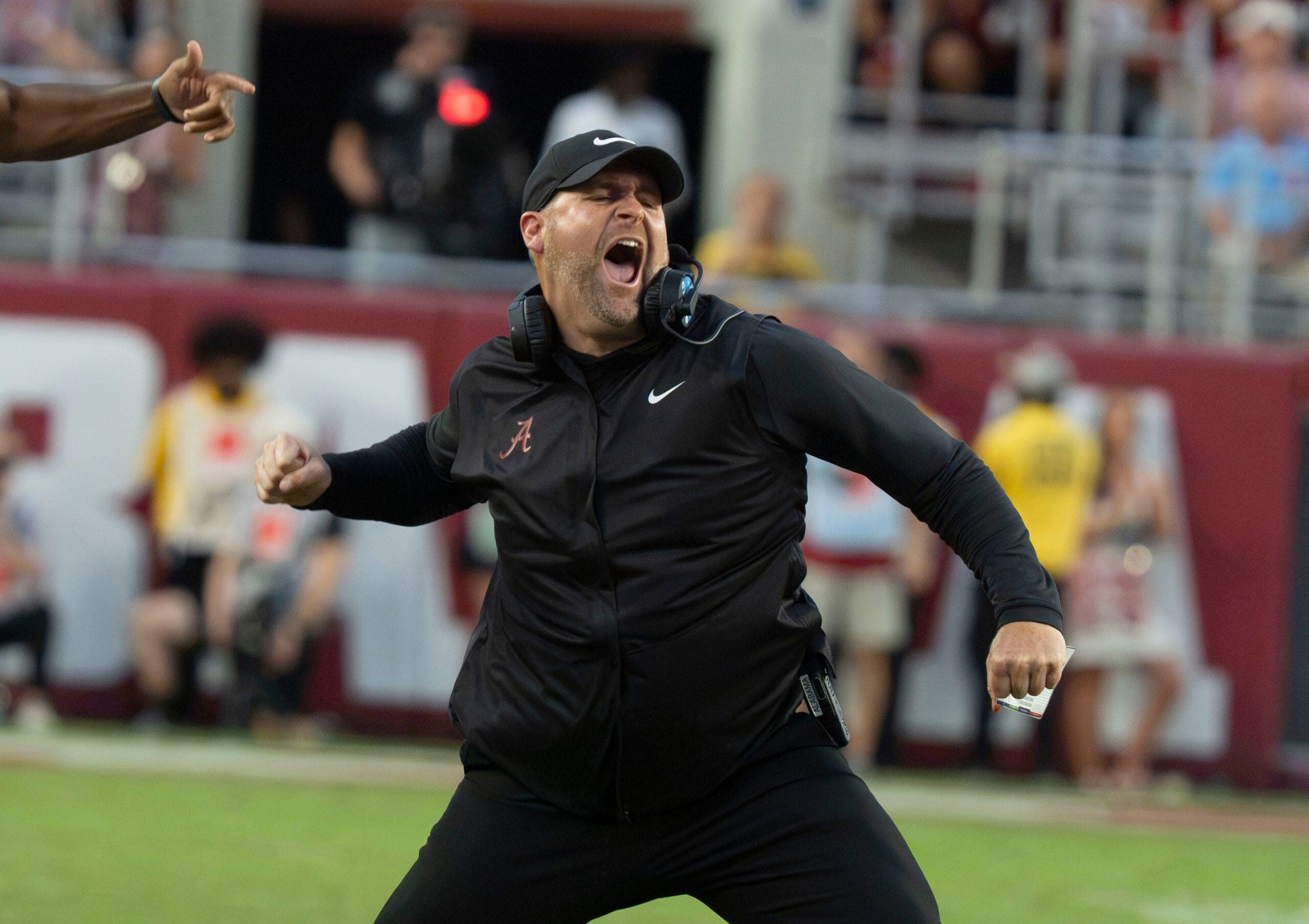 Sep 26, 2026; Tuscaloosa, AL, USA; Alabama defensive coordinator Kane Wommack celebrates a fourth down stop by his defense as South Carolina went for it at Saban Field at Bryant Denny Stadium.