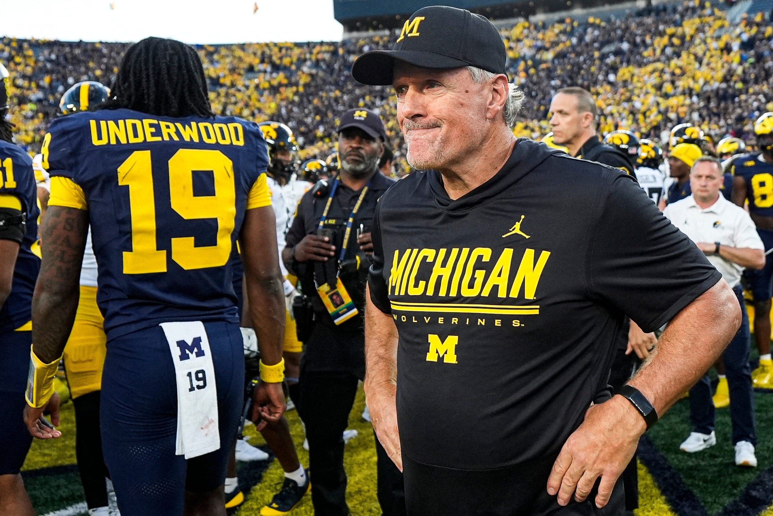 Michigan head coach Kyle Whittingham reacts to 20-19 loss to Iowa at Michigan Stadium in Ann Arbor on Saturday, Sept. 26, 2026.