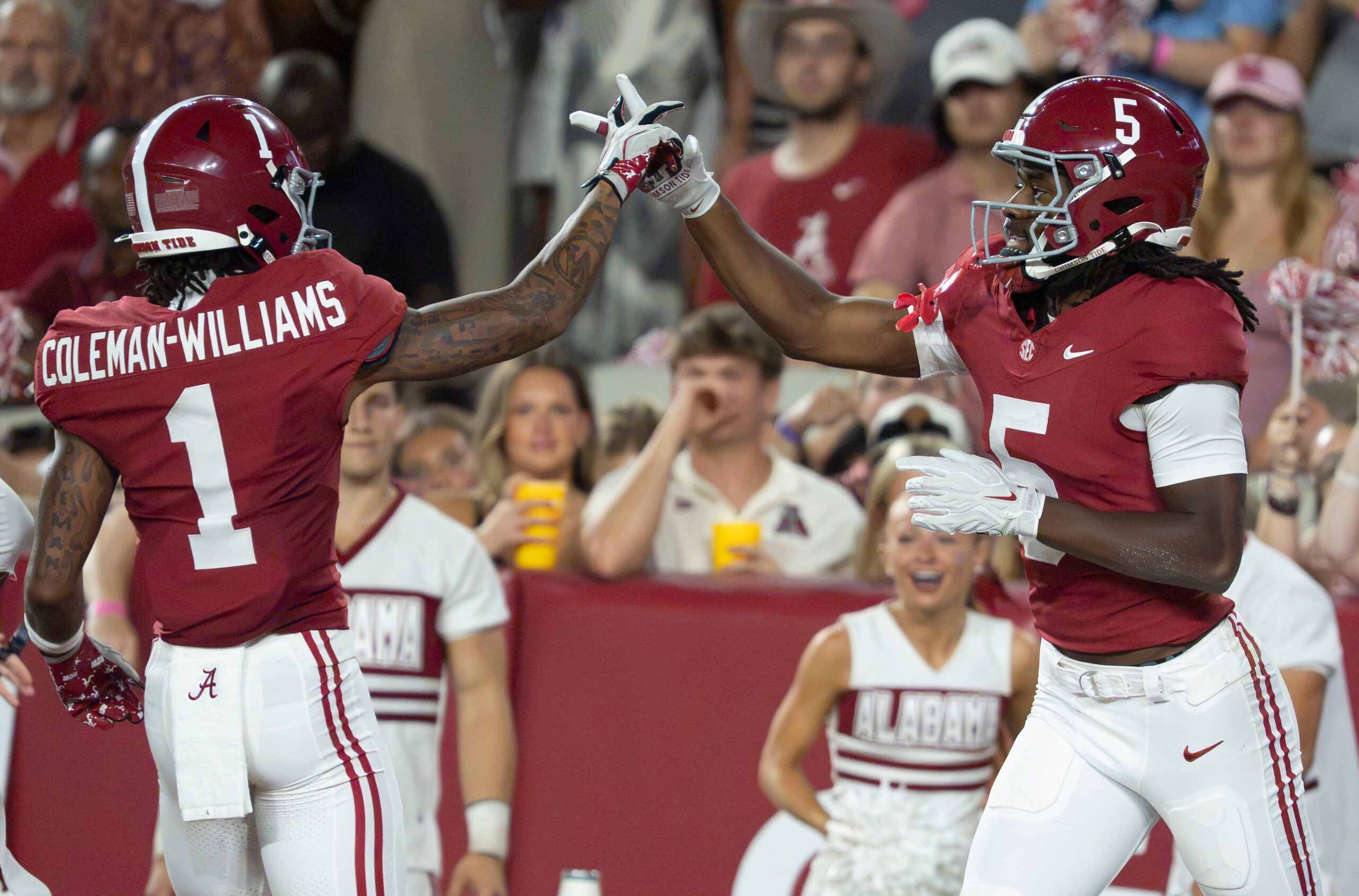 Sep 26, 2026; Tuscaloosa, AL, USA; Alabama wide receiver Ryan Coleman-Williams (1) and Alabama wide receiver Noah Rogers (5) celebrate a catch and run by Rogers that set Alabama up with first and goal against South Carolina at Saban Field at Bryant Denny Stadium.