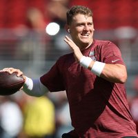 Sep 27, 2026; Santa Clara, California, USA; San Francisco 49ers quarterback Mac Jones (10) practices before the game at Levi's Stadium.