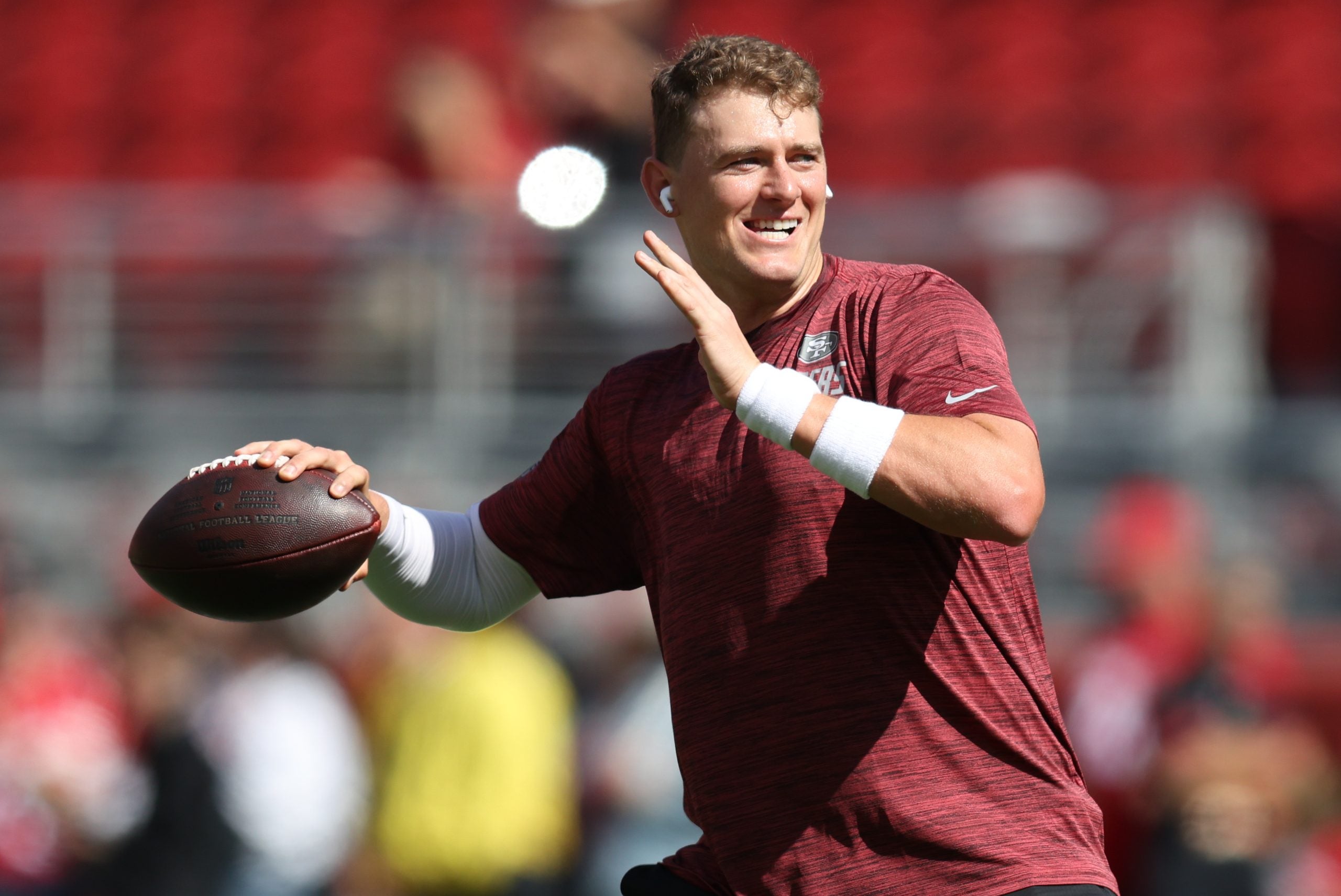 Sep 27, 2026; Santa Clara, California, USA; San Francisco 49ers quarterback Mac Jones (10) practices before the game at Levi's Stadium.