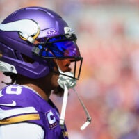 Sep 27, 2026; Tampa, Florida, USA; Minnesota Vikings wide receiver Justin Jefferson (18) looks on during warmups prior to the game against the Tampa Bay Buccaneers at Raymond James Stadium.
