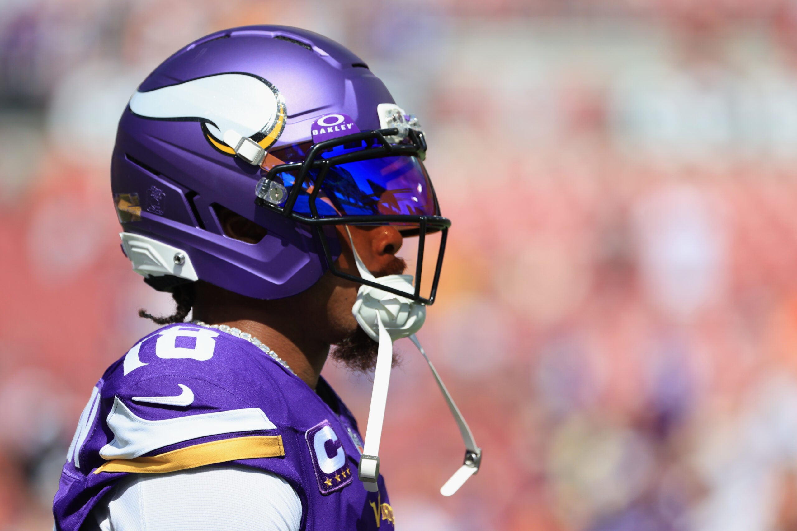Sep 27, 2026; Tampa, Florida, USA; Minnesota Vikings wide receiver Justin Jefferson (18) looks on during warmups prior to the game against the Tampa Bay Buccaneers at Raymond James Stadium.