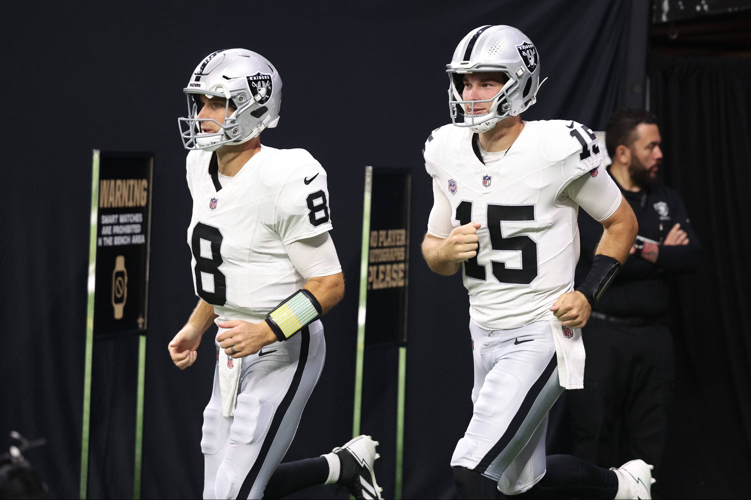 Sep 27, 2026; New Orleans, Louisiana, USA; Las Vegas Raiders quarterback Fernando Mendoza (15) enters the field before the game against the New Orleans Saints at Caesars Superdome.