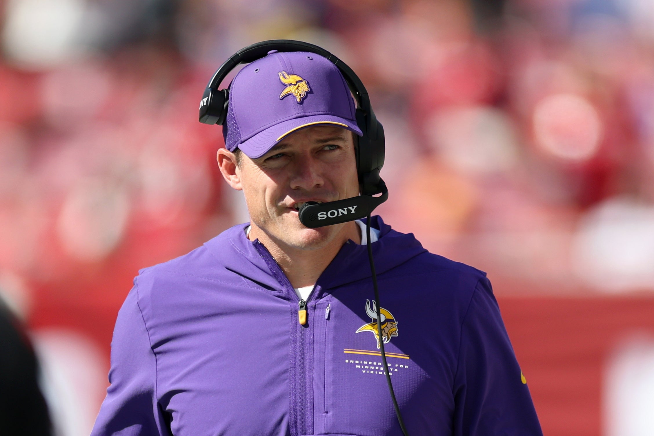 Sep 27, 2026; Tampa, Florida, USA; Minnesota Vikings head coach Kevin O'Connell looks on prior to the game against the Tampa Bay Buccaneers at Raymond James Stadium.