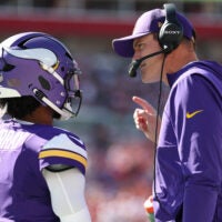Sep 27, 2026; Tampa, Florida, USA; Minnesota Vikings head coach Kevin O'Connell speaks with quarterback Kyler Murray (1) prior to the game against the Tampa Bay Buccaneers at Raymond James Stadium.
