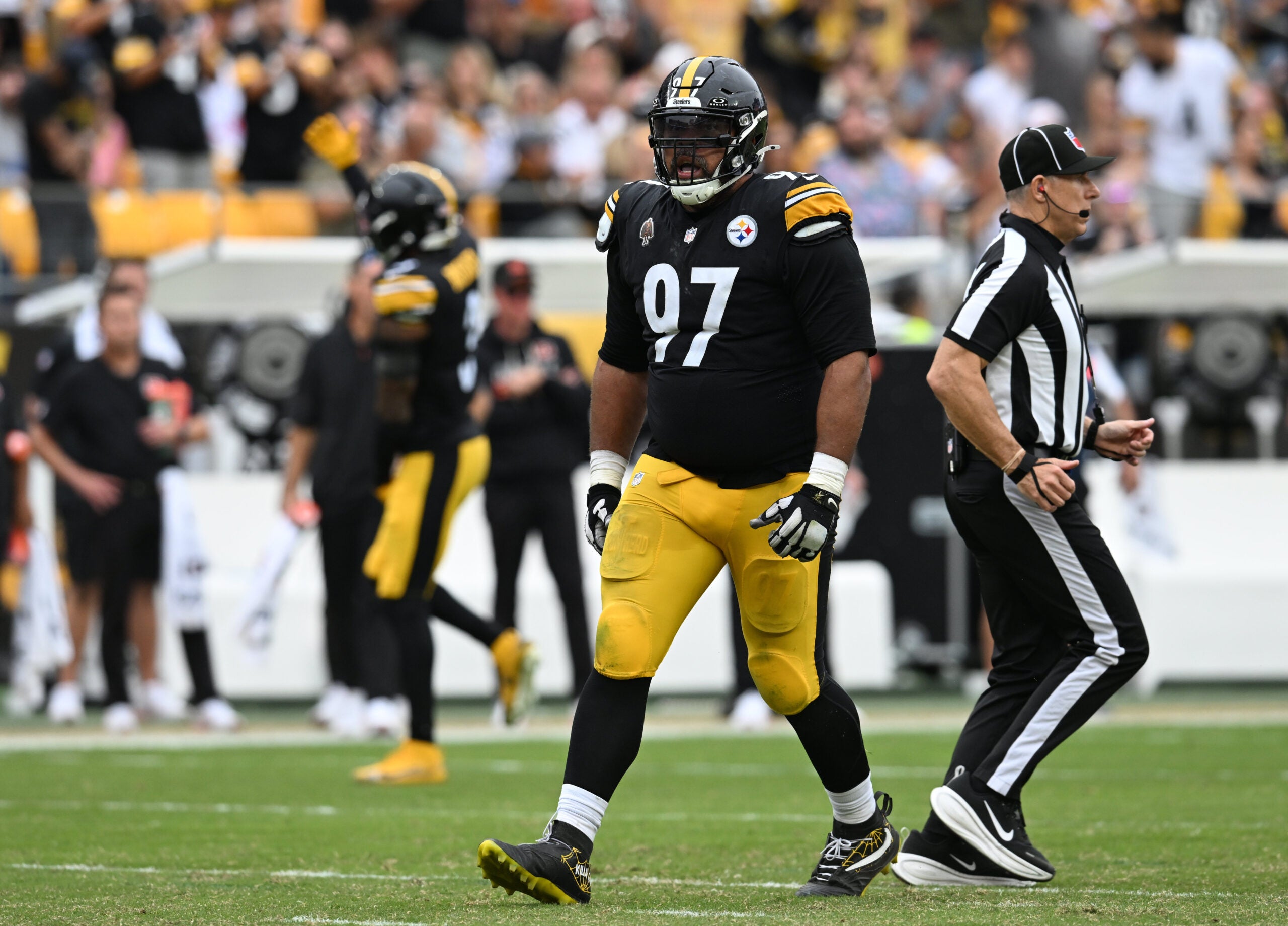 Sep 27, 2026; Pittsburgh, Pennsylvania, USA; Pittsburgh Steelers defensive tackle Cameron Heyward (97) reacts after a sack during the fourth quarter against the Cincinnati Bengals at Acrisure Stadium.