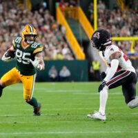 Sep 24, 2026; Green Bay, Wisconsin, USA; Green Bay Packers tight end Tucker Kraft (85) during the game against the Atlanta Falcons at Lambeau Field.
