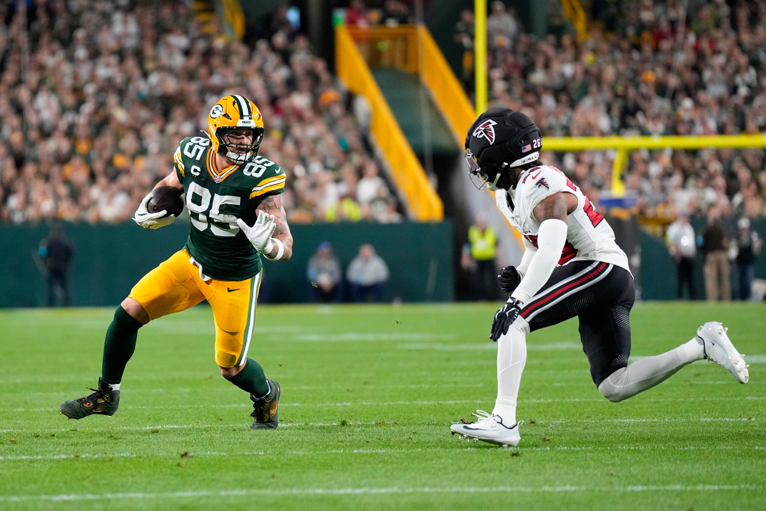 Sep 24, 2026; Green Bay, Wisconsin, USA; Green Bay Packers tight end Tucker Kraft (85) during the game against the Atlanta Falcons at Lambeau Field.