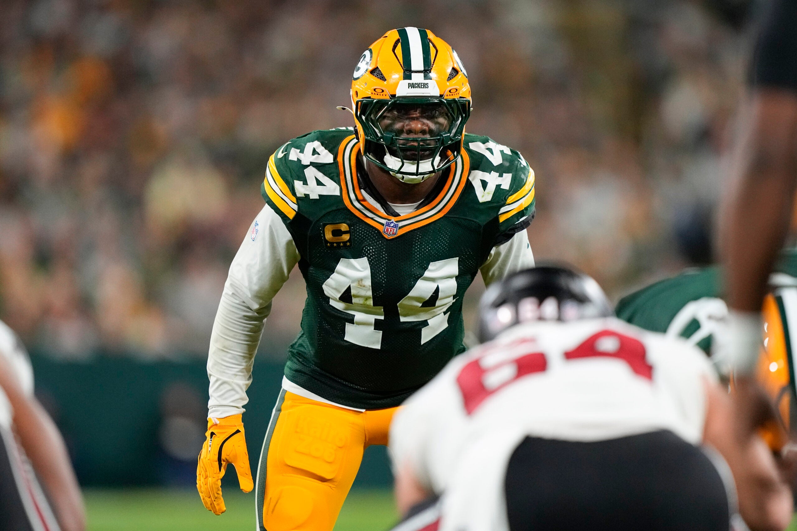 Sep 24, 2026; Green Bay, Wisconsin, USA; Green Bay Packers linebacker Zaire Franklin (44) during the game against the Atlanta Falcons at Lambeau Field.