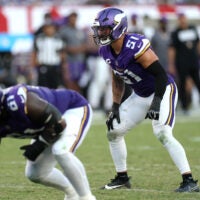 Sep 27, 2026; Tampa, Florida, USA; Minnesota Vikings linebacker Blake Cashman (51) lines up against the Tampa Bay Buccaneers during the second half at Raymond James Stadium.