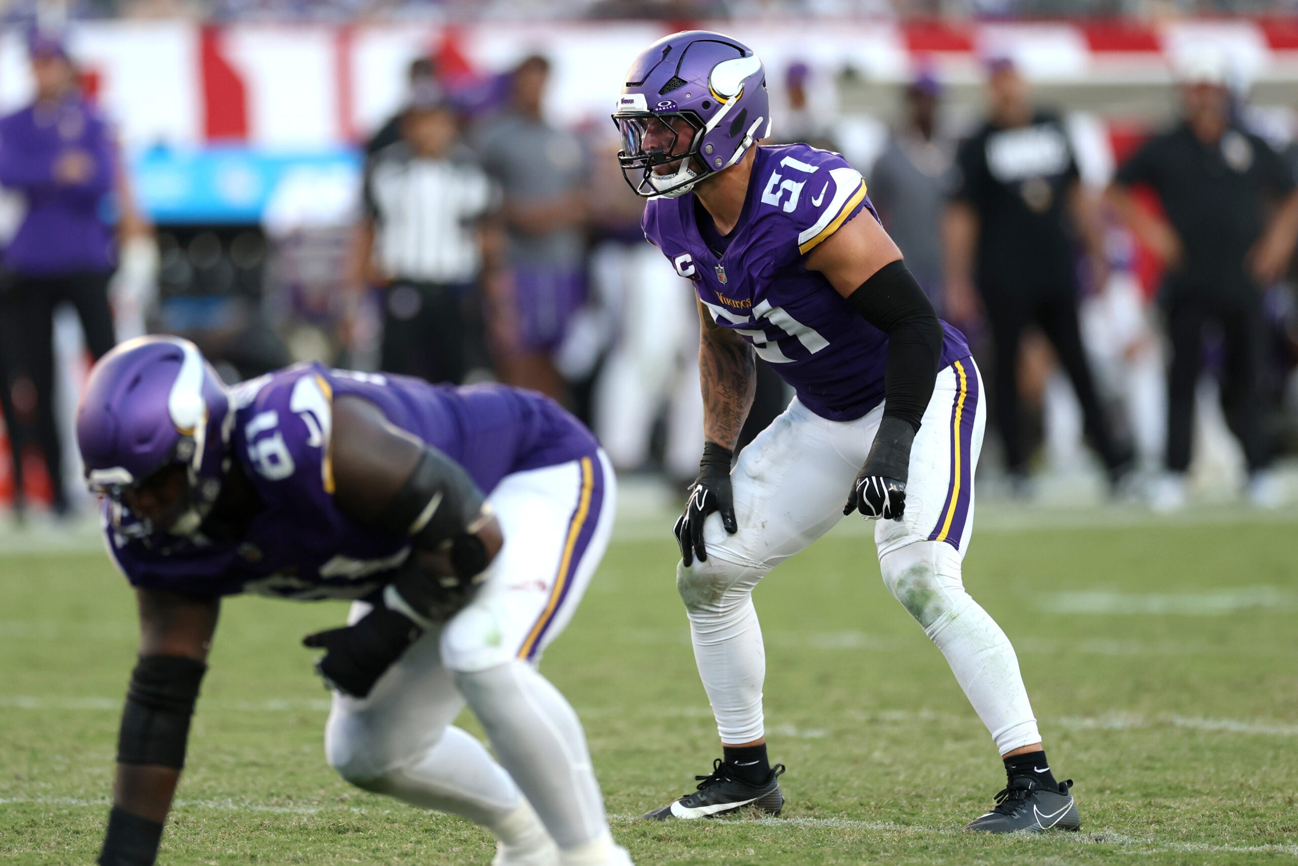Sep 27, 2026; Tampa, Florida, USA; Minnesota Vikings linebacker Blake Cashman (51) lines up against the Tampa Bay Buccaneers during the second half at Raymond James Stadium.
