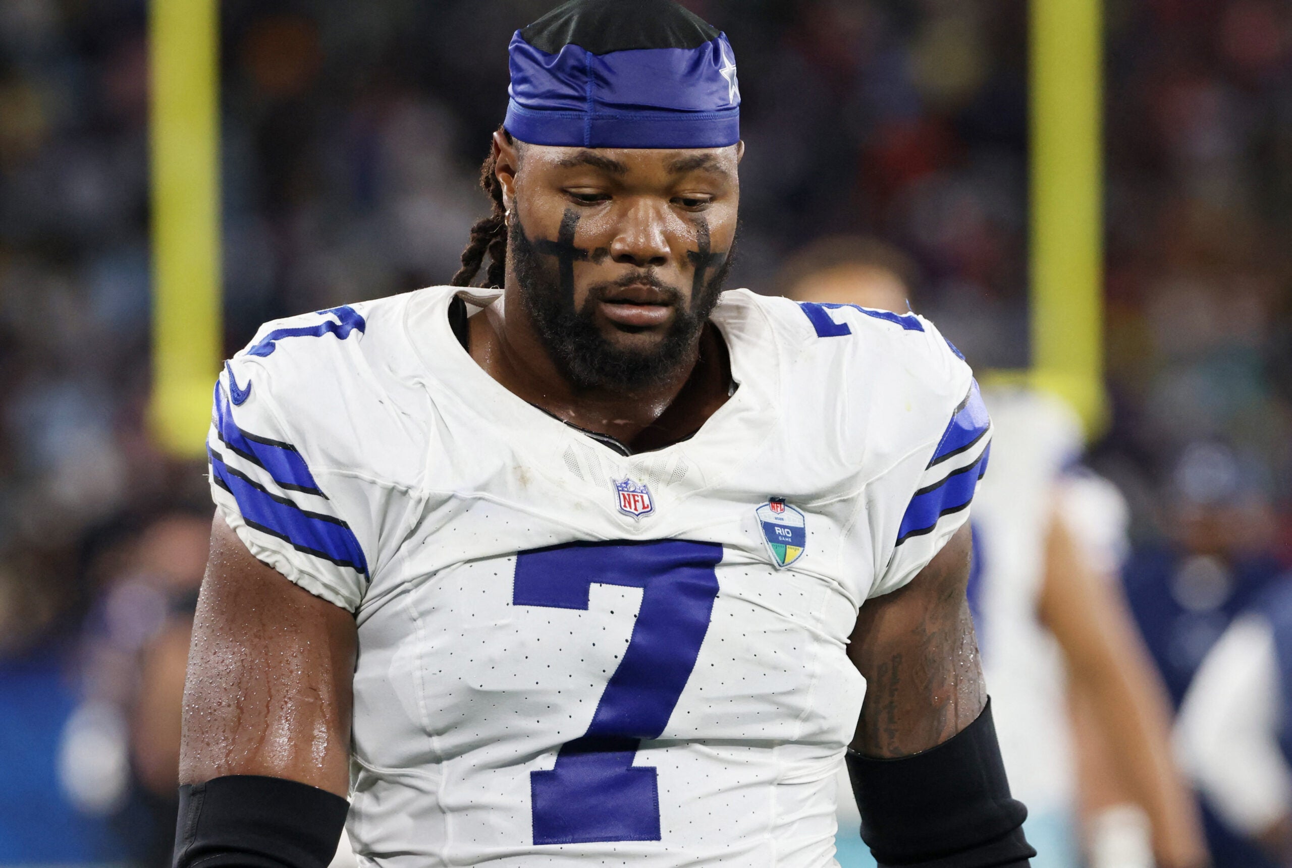 Dallas Cowboys' Rashan Gary looks dejected after the Cowboys-Ravens game in Rio.