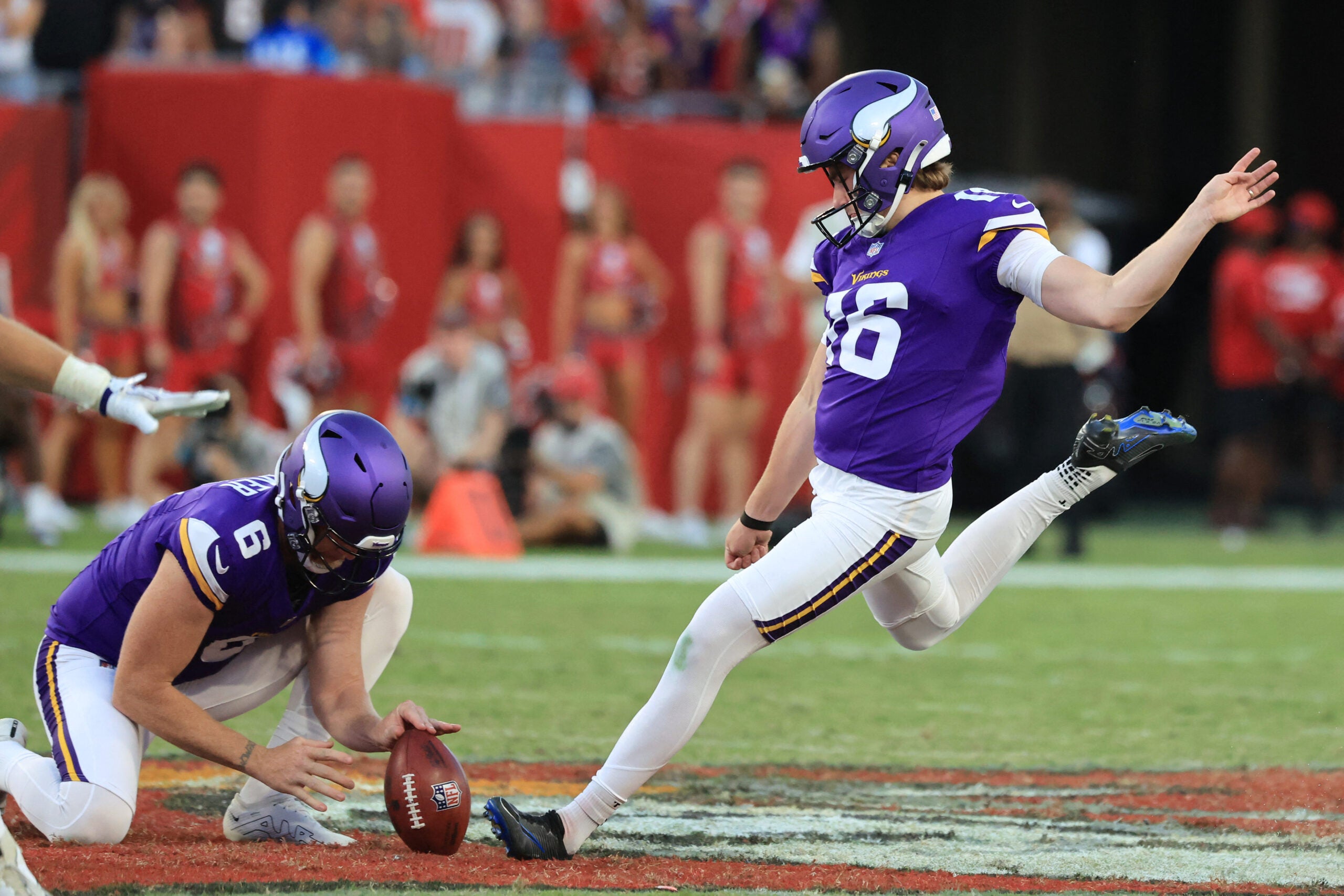 Sep 27, 2026; Tampa, Florida, USA; Minnesota Vikings kicker Will Reichard (16) kicks a field goal against the Tampa Bay Buccaneers during the fourth quarter at Raymond James Stadium.