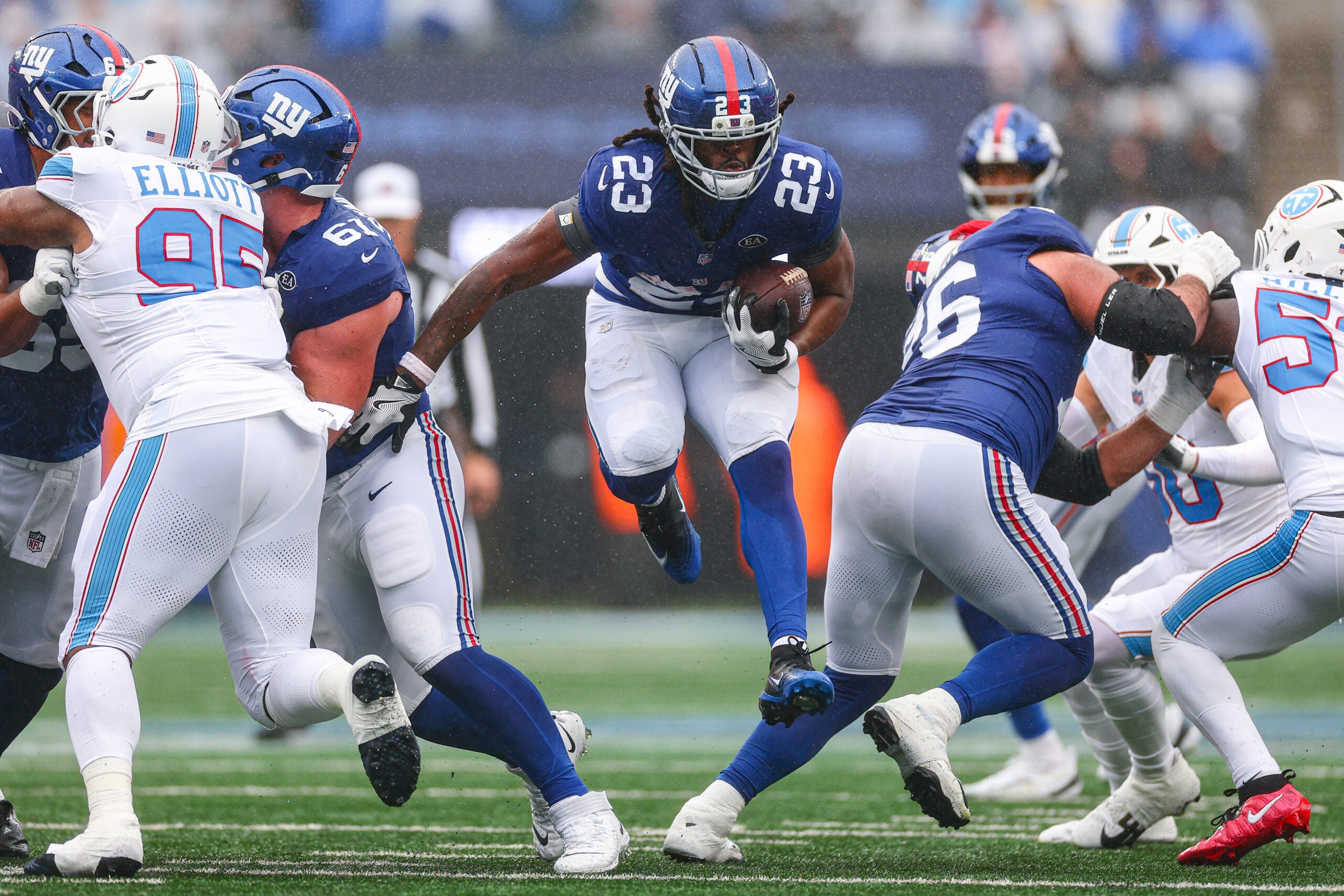 Sep 27, 2026; East Rutherford, New Jersey, USA; New York Giants running back Najee Harris (23) carries the ball during the first half against the Tennessee Titans at MetLife Stadium.