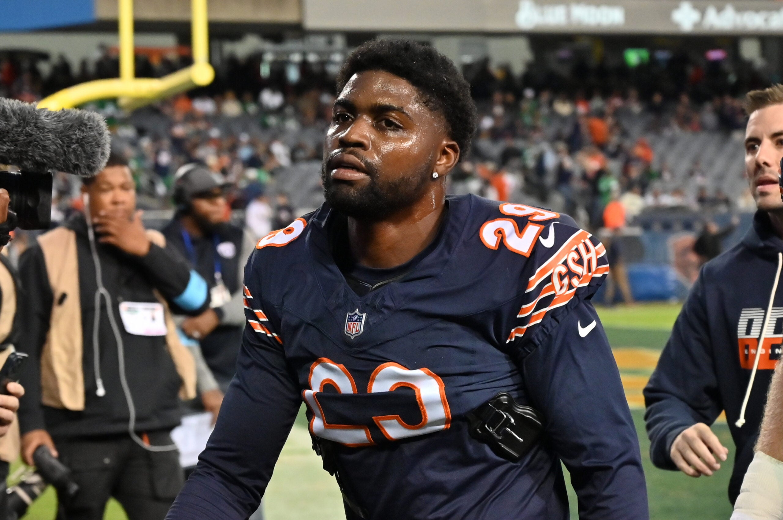 Sep 28, 2026; Chicago, Illinois, USA; Chicago Bears defensive back Tyrique Stevenson (29) looks on before the game against the Philadelphia Eagles at Soldier Field.