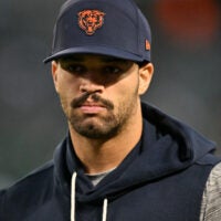 Sep 28, 2026; Chicago, Illinois, USA; Chicago Bears quarterback Caleb Williams (18) looks on before the game against the Philadelphia Eagles at Soldier Field.