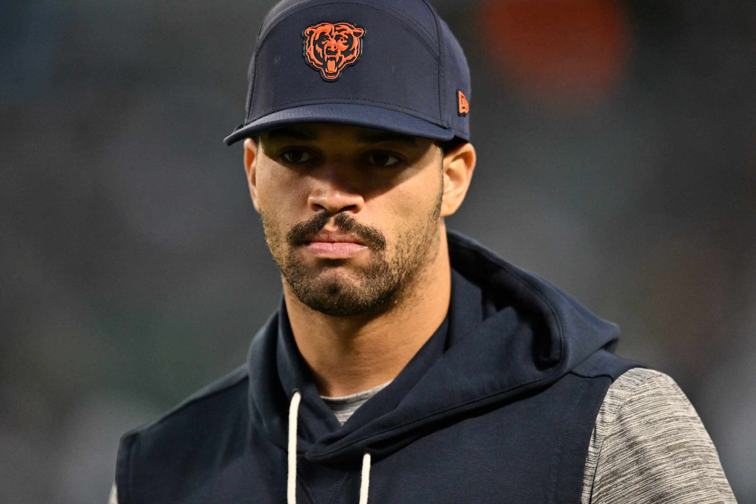 Sep 28, 2026; Chicago, Illinois, USA; Chicago Bears quarterback Caleb Williams (18) looks on before the game against the Philadelphia Eagles at Soldier Field.
