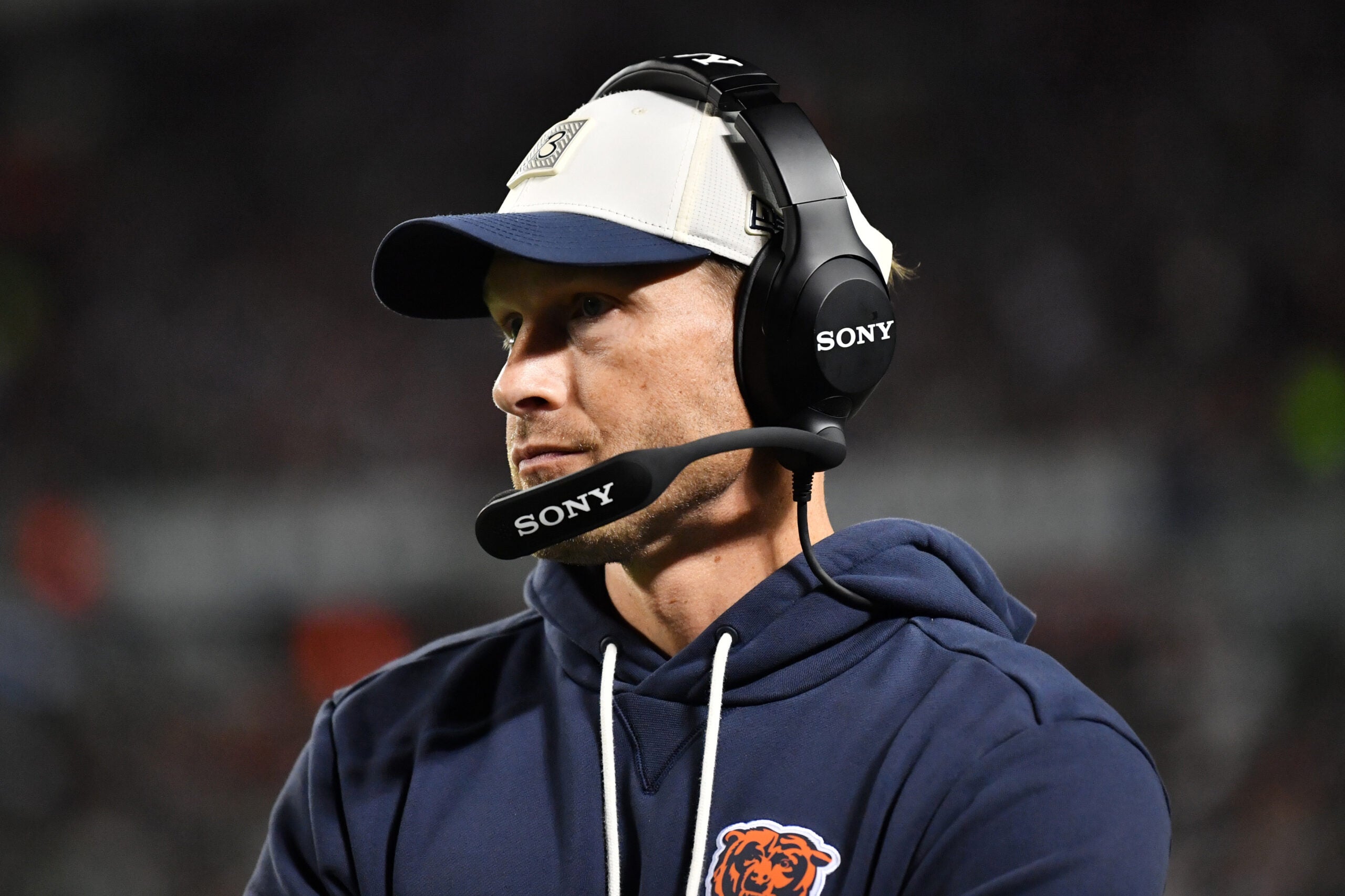 Sep 28, 2026; Chicago, Illinois, USA; Chicago Bears head coach Ben Johnson looks on during the first half against the Philadelphia Eagles at Soldier Field.