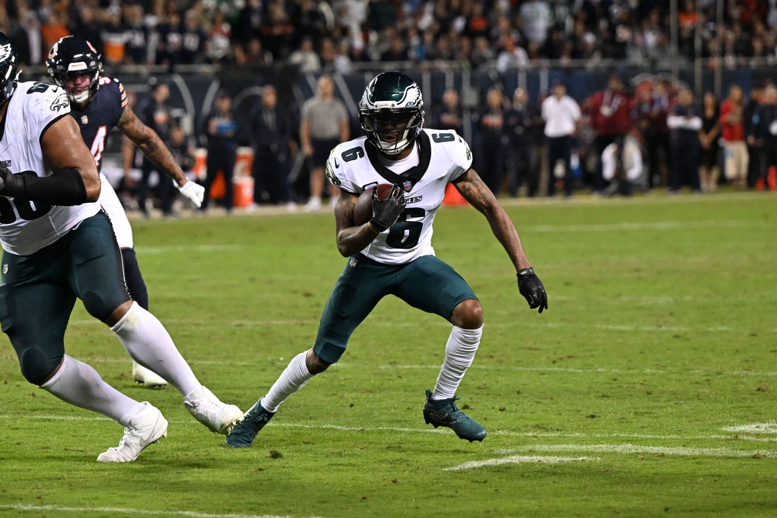 Sep 28, 2026; Chicago, Illinois, USA; Philadelphia Eagles wide receiver DeVonta Smith (6) runs with the ball during the second half against the Chicago Bears at Soldier Field.