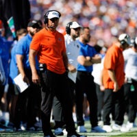 Sep 26, 2026; Gainesville, Florida, USA; Florida Gators head coach Jon Sumrall looks on against the Mississippi Rebels during the first half at Ben Hill Griffin Stadium.