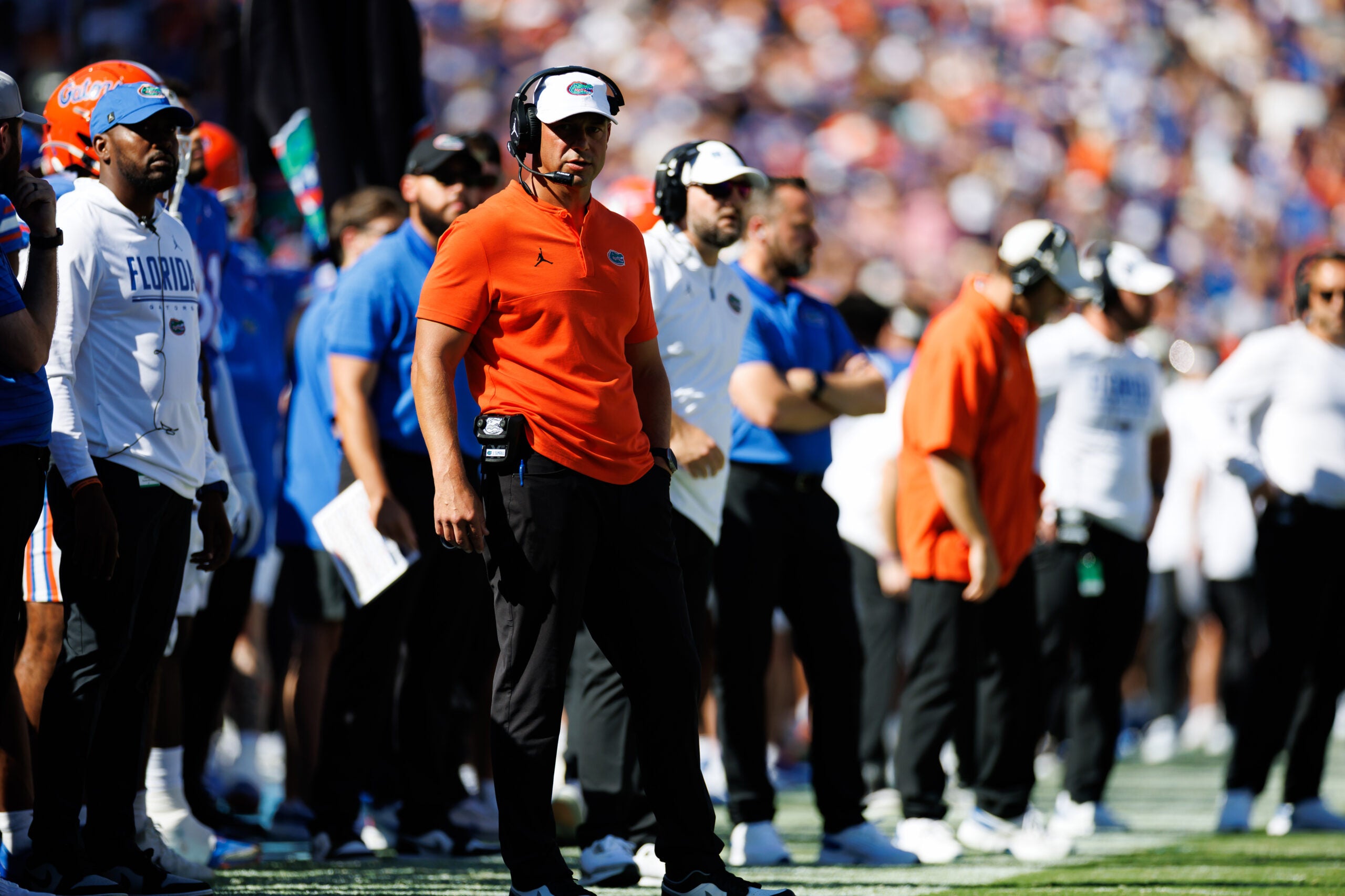Sep 26, 2026; Gainesville, Florida, USA; Florida Gators head coach Jon Sumrall looks on against the Mississippi Rebels during the first half at Ben Hill Griffin Stadium.