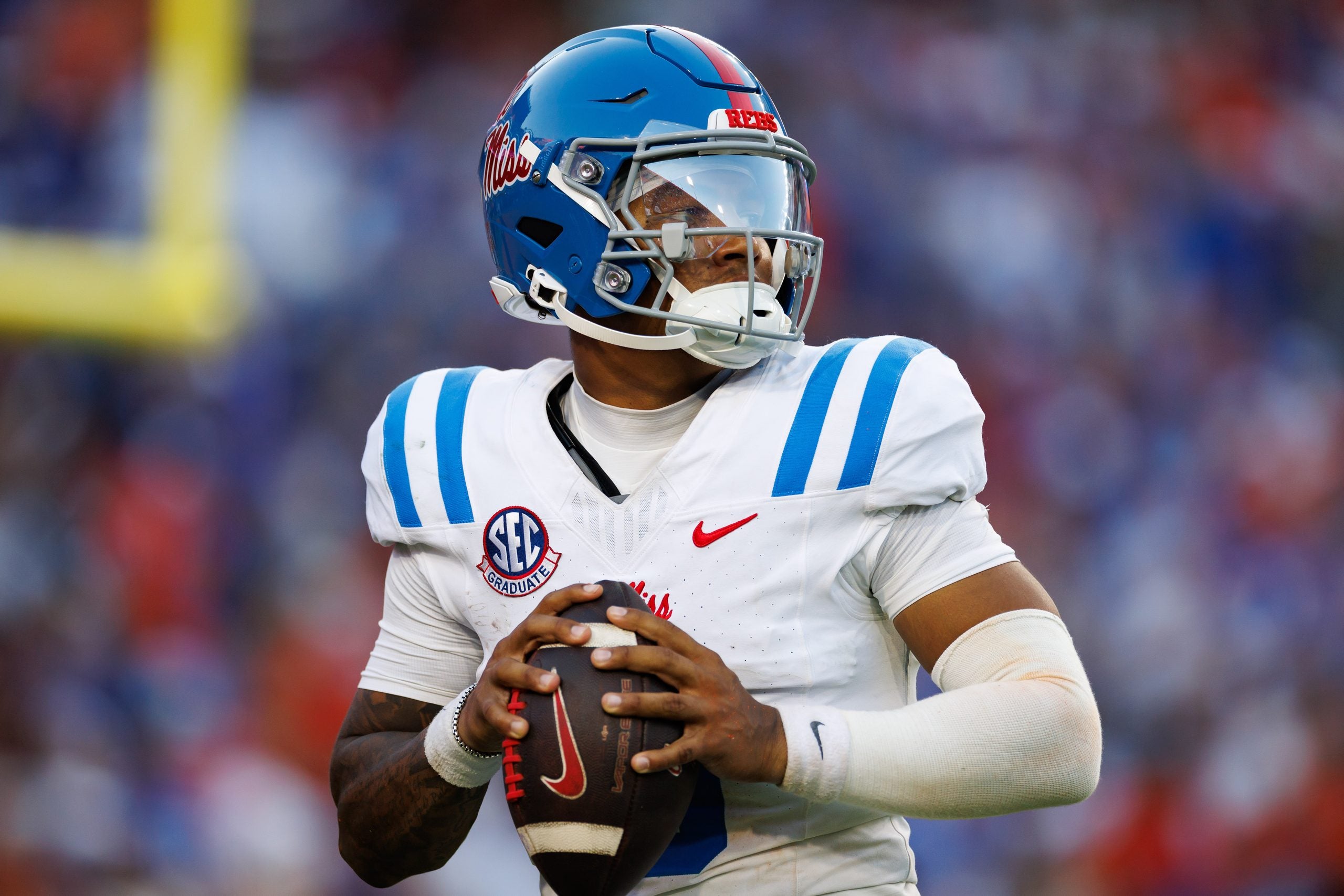 Sep 26, 2026; Gainesville, Florida, USA; Mississippi Rebels quarterback Trinidad Chambliss (6) looks to throw against the Florida Gators during the second half at Ben Hill Griffin Stadium.