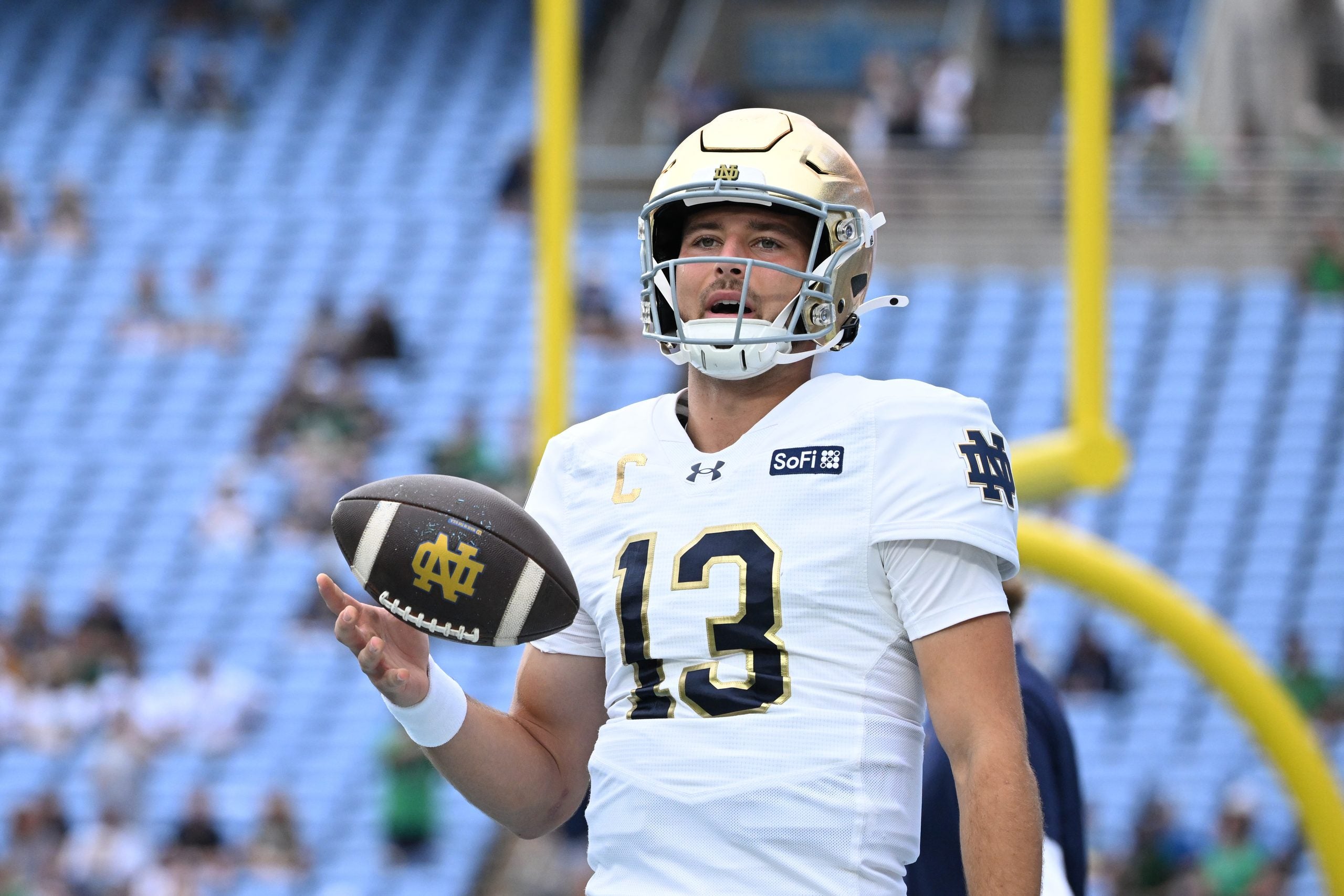 Oct 3, 2026; Chapel Hill, North Carolina, USA; Notre Dame Fighting Irish quarterback CJ Carr (13) during warm ups at Kenan Stadium.