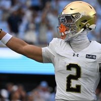 Oct 3, 2026; Chapel Hill, North Carolina, USA; Notre Dame Fighting Irish running back Nolan James Jr. (2) before the game at Kenan Stadium.