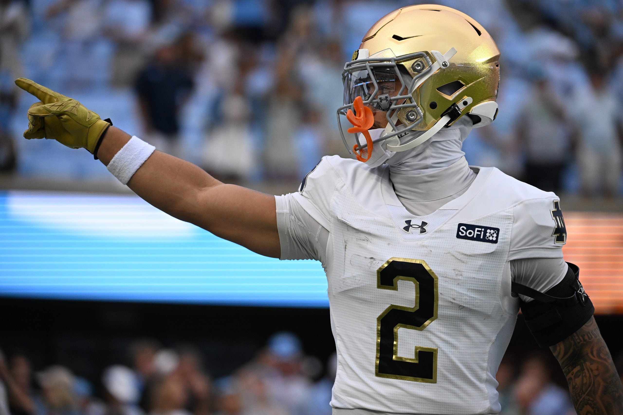 Oct 3, 2026; Chapel Hill, North Carolina, USA; Notre Dame Fighting Irish running back Nolan James Jr. (2) before the game at Kenan Stadium.