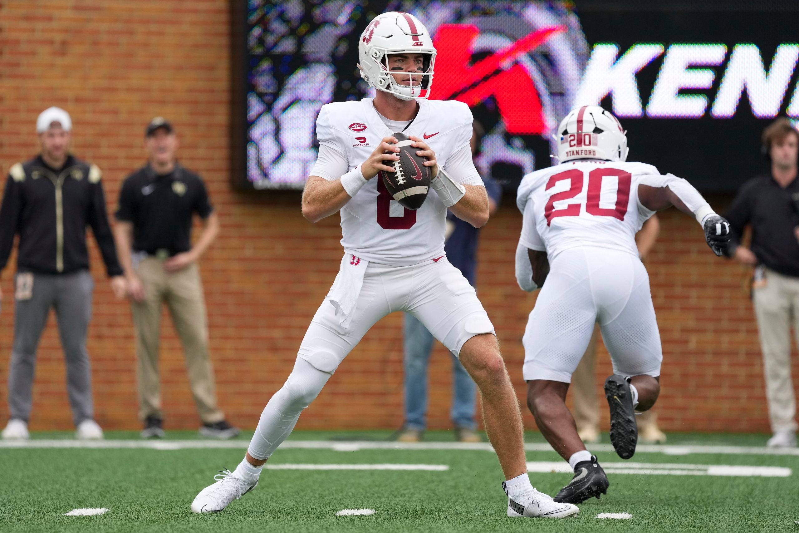 Oct 3, 2026; Winston-Salem, North Carolina, USA; Stanford Cardinal quarterback Davis Warren (8) drops back to pass against the Wake Forest Demon Deacons during the first half at Allegacy Federal Credit Union Stadium.