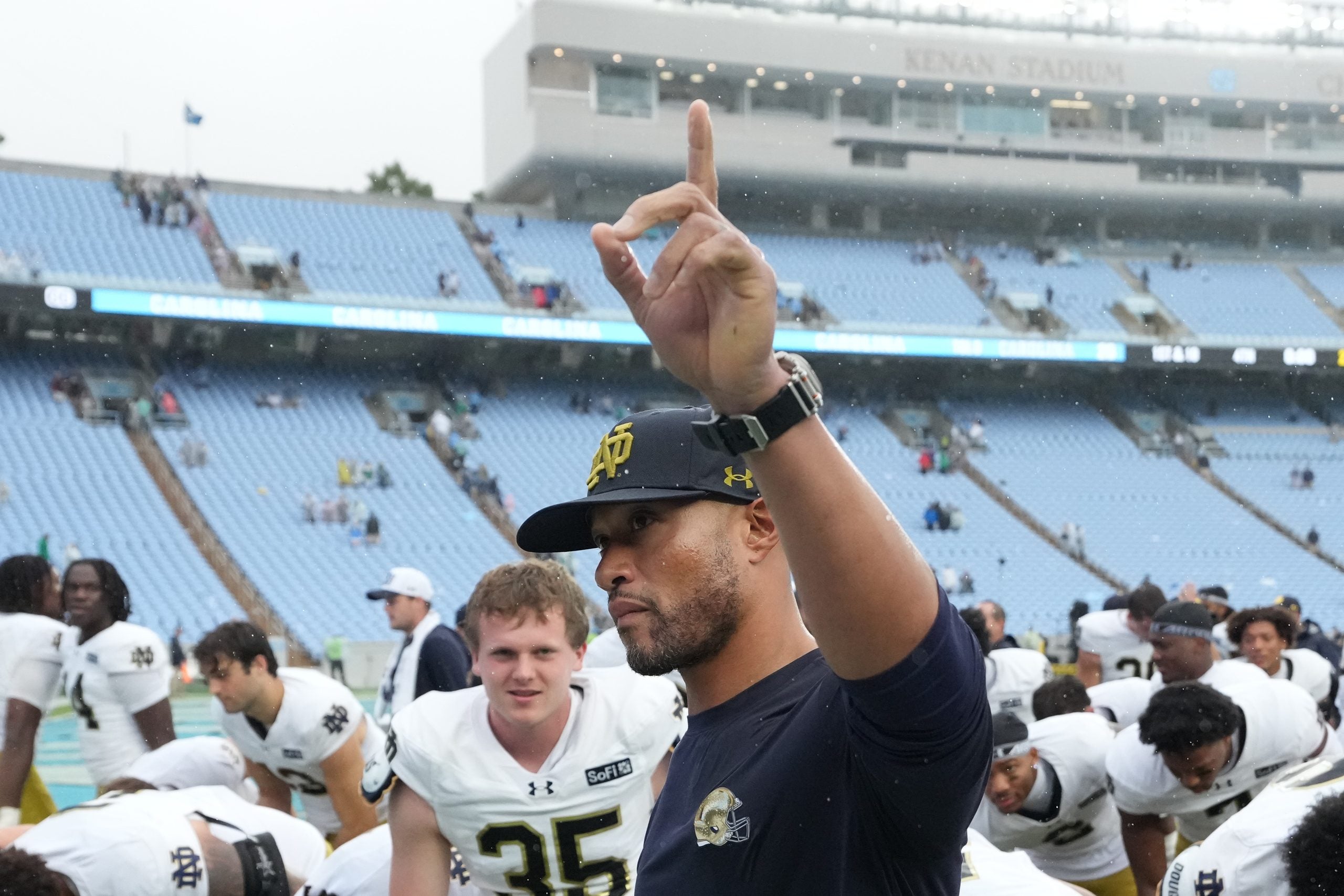 Oct 3, 2026; Chapel Hill, North Carolina, USA; Notre Dame Fighting Irish head coach Marcus Freeman leaves the field after the game at Kenan Stadium.