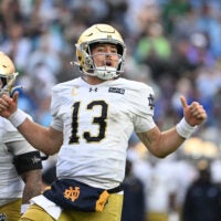 Oct 3, 2026; Chapel Hill, North Carolina, USA; Notre Dame Fighting Irish quarterback CJ Carr (13) on the field in the second half at Kenan Stadium.