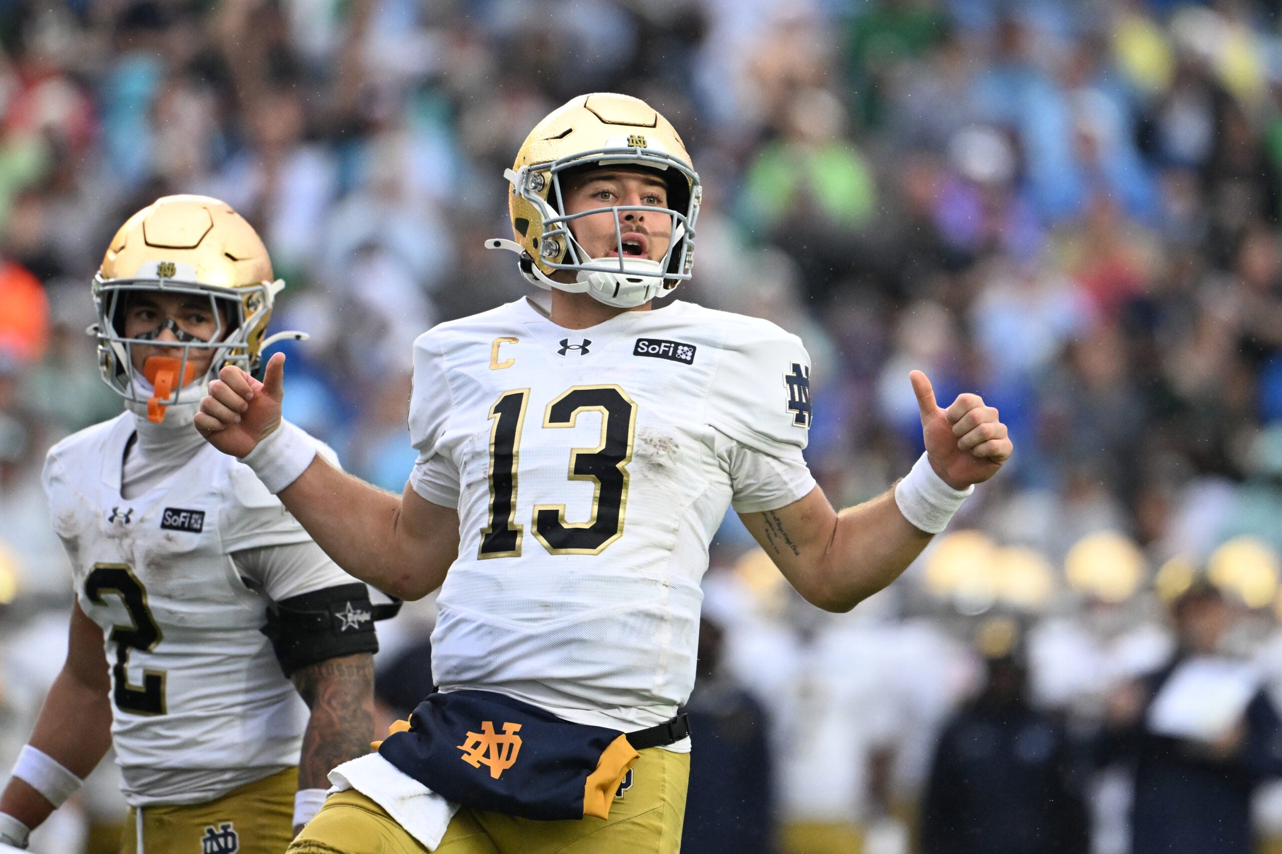 Oct 3, 2026; Chapel Hill, North Carolina, USA; Notre Dame Fighting Irish quarterback CJ Carr (13) on the field in the second half at Kenan Stadium.