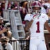 Alabama wide receiver Ryan Coleman-Williams (1) celebrates after scoring a touchdown during a college football game between Mississippi State and Alabama at Davis Wade Stadium in Starkville, Miss., on Saturday, Oct. 3, 2026. Alabama defeated Mississippi State 56-23.