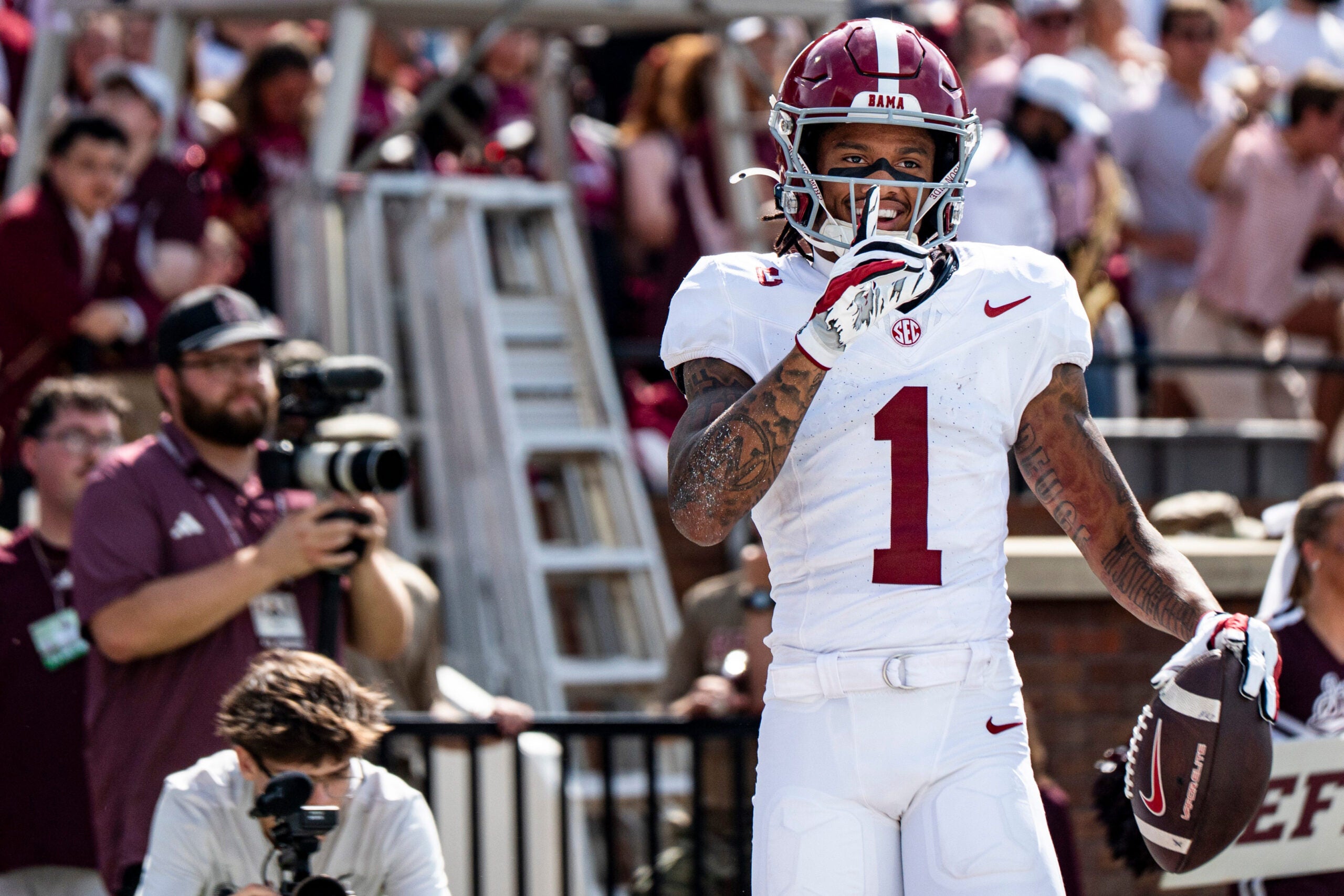 Alabama wide receiver Ryan Coleman-Williams (1) celebrates after scoring a touchdown during a college football game between Mississippi State and Alabama at Davis Wade Stadium in Starkville, Miss., on Saturday, Oct. 3, 2026. Alabama defeated Mississippi State 56-23.