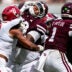 Alabama linebacker Xavier Griffin (11) puts his hands in the face of Mississippi State offensive lineman Miles McVay (58) during a college football game between Mississippi State and Alabama at Davis Wade Stadium in Starkville, Miss., on Saturday, Oct. 3, 2026. Alabama defeated Mississippi State 56-23.