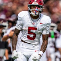 Alabama defensive back Dijon Lee Jr. (5) celebrates during a college football game between Mississippi State and Alabama at Davis Wade Stadium in Starkville, Miss., on Saturday, Oct. 3, 2026. Alabama defeated Mississippi State 56-23.
