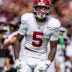 Alabama defensive back Dijon Lee Jr. (5) celebrates during a college football game between Mississippi State and Alabama at Davis Wade Stadium in Starkville, Miss., on Saturday, Oct. 3, 2026. Alabama defeated Mississippi State 56-23.
