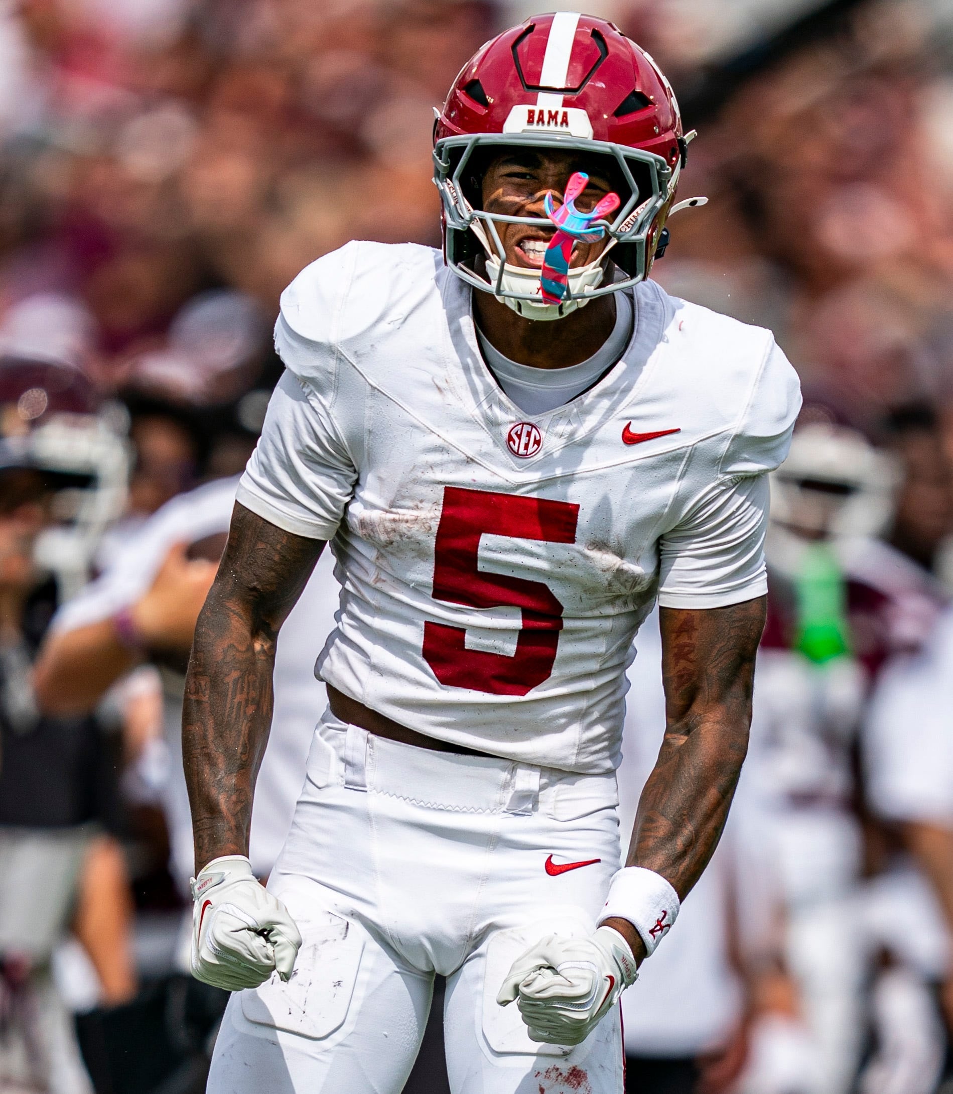 Alabama defensive back Dijon Lee Jr. (5) celebrates during a college football game between Mississippi State and Alabama at Davis Wade Stadium in Starkville, Miss., on Saturday, Oct. 3, 2026. Alabama defeated Mississippi State 56-23.