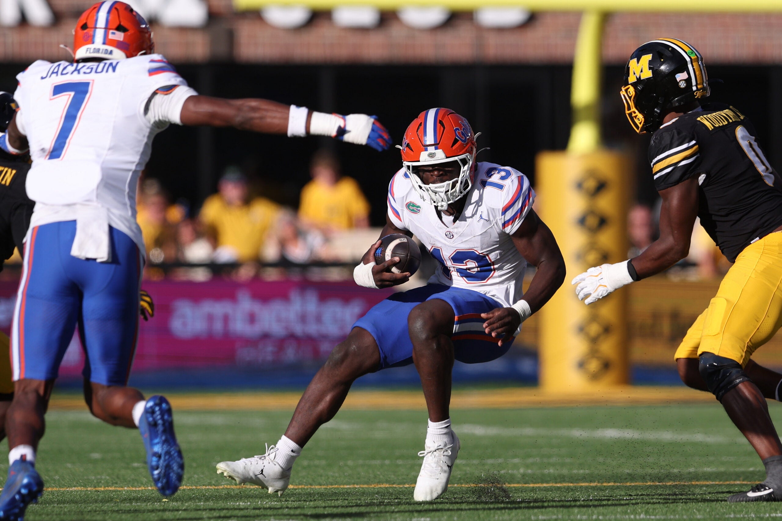 Oct 3, 2026; Columbia, Missouri, USA; Florida Gators running back Jadan Baugh (13) carries the ball in the third quarter against the Missouri Tigers at Faurot Field at Memorial Stadium.