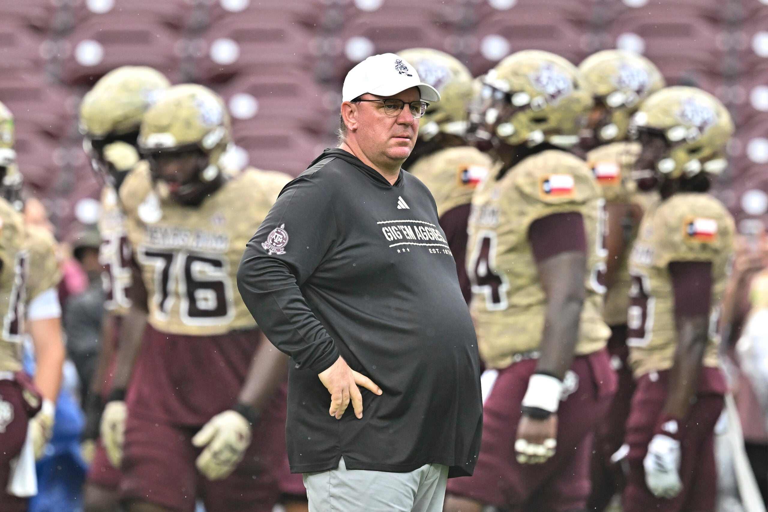 Oct 3, 2026; College Station, Texas, USA; Texas A&M Aggies head coach Mike Elko looks on prior to the game against the Arkansas Razorbacks at Kyle Field.