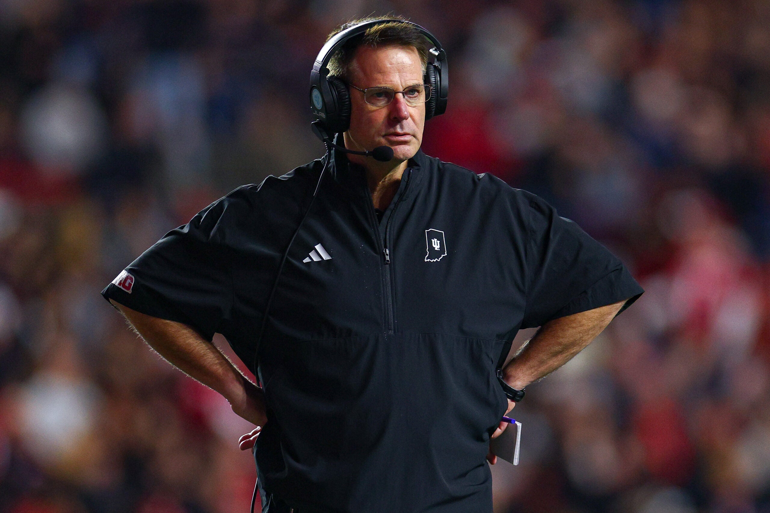 Oct 3, 2026; Piscataway, New Jersey, USA; Indiana Hoosiers head coach Curt Cignetti looks on during the first half against the Rutgers Scarlet Knights at SHI Stadium.