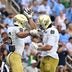 Oct 3, 2026; Chapel Hill, North Carolina, USA; Notre Dame Fighting Irish wide receiver Jordan Faison (6) celebrates with wide receiver Jaden Greathouse (1) after making a touchdown catch in the first quarter at Kenan Stadium.