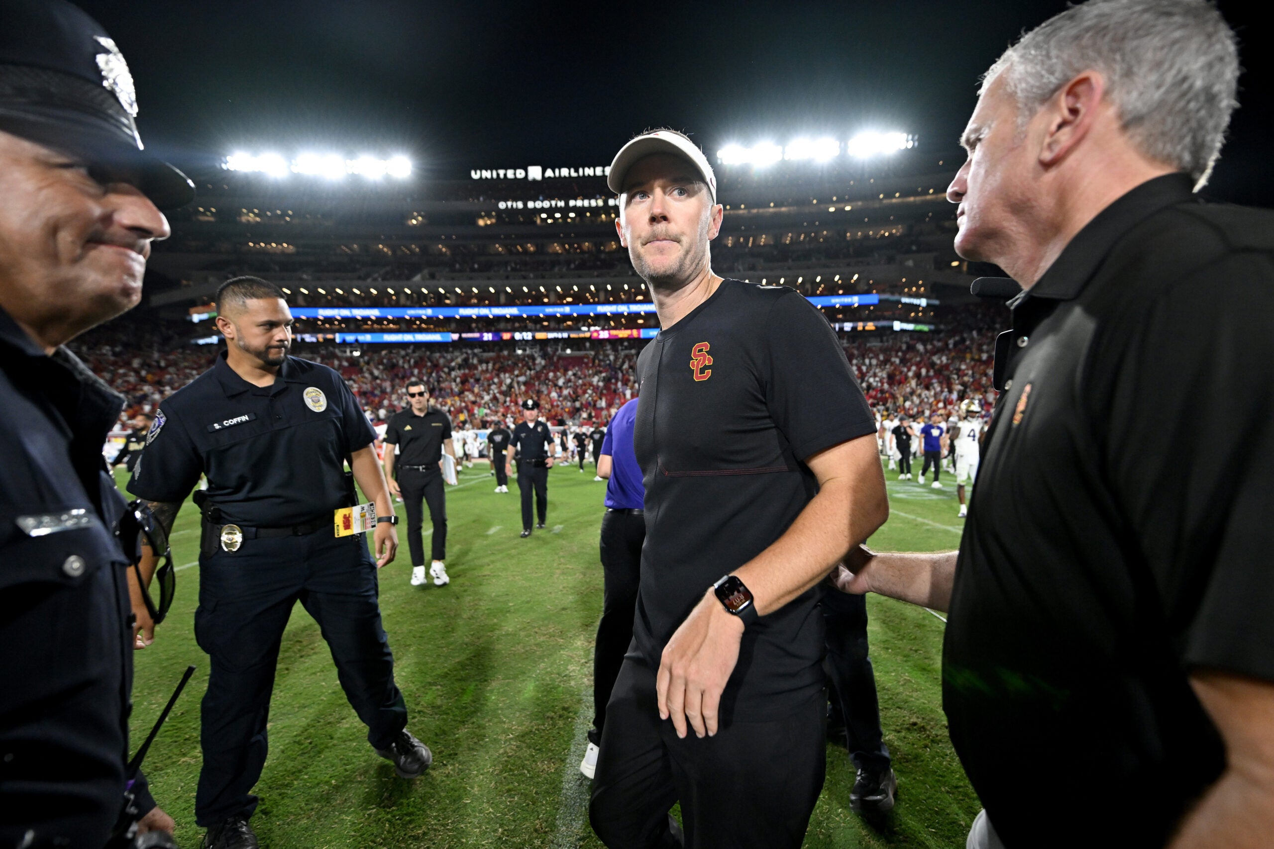 Oct 3, 2026; Los Angeles, California, USA; USC Trojans head coach Lincoln Riley reacts after the victory against the Washington Huskies at United Airlines Field at Los Angeles Memorial Coliseum.